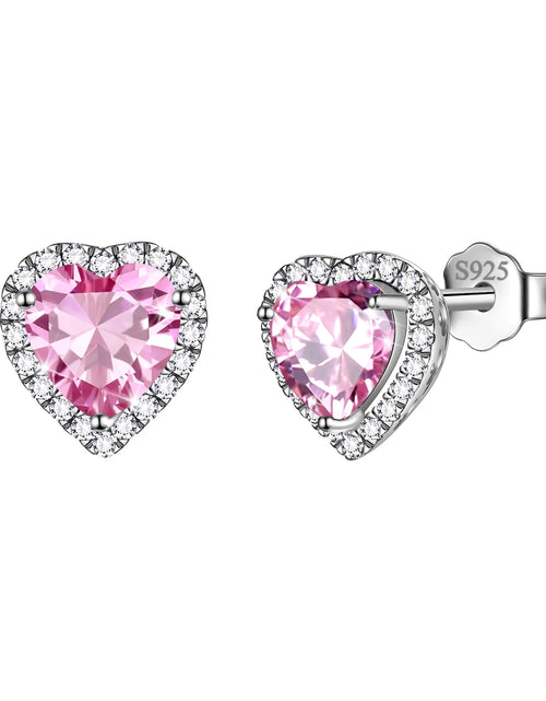Load image into Gallery viewer, Pink Heart Earrings Women October Birthstone Earrings Tourmaline CZ 925 Sterling Silver Stud Earrings Crystal Jewelry Birthday Mother'S Day Gifts
