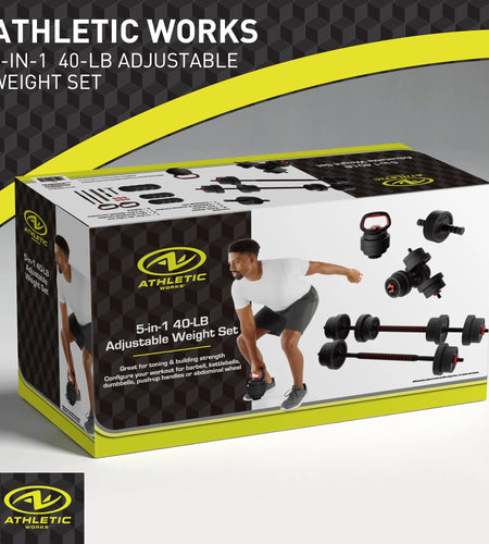 40LB 5 in 1 Adjustable Dumbbell Set , Fitness Exercises for Home Gym, Black, 1-Inch Holes Fit Standard Sized Bar
