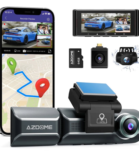 3 Channel Dash Cam with 4K Wifi , Dual Front and Rear for Car 4K+1080P Free 64GB Card, Built-In GPS 24H Parking Mode IR Night Vision WDR 3.19" IPS, Max up Support to 256GB, Easy to Install