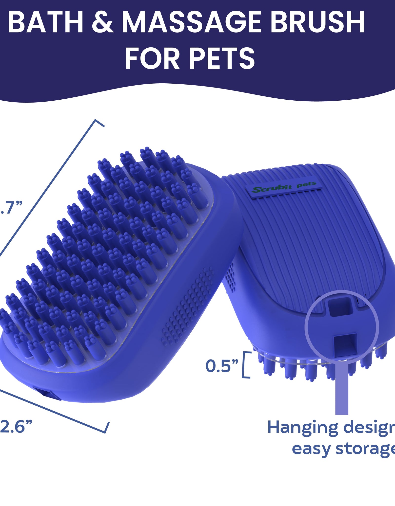 Dog Bath Scrubber Rubber Curry Comb & Pet Grooming Brush with Non-Slip Grip, Blue