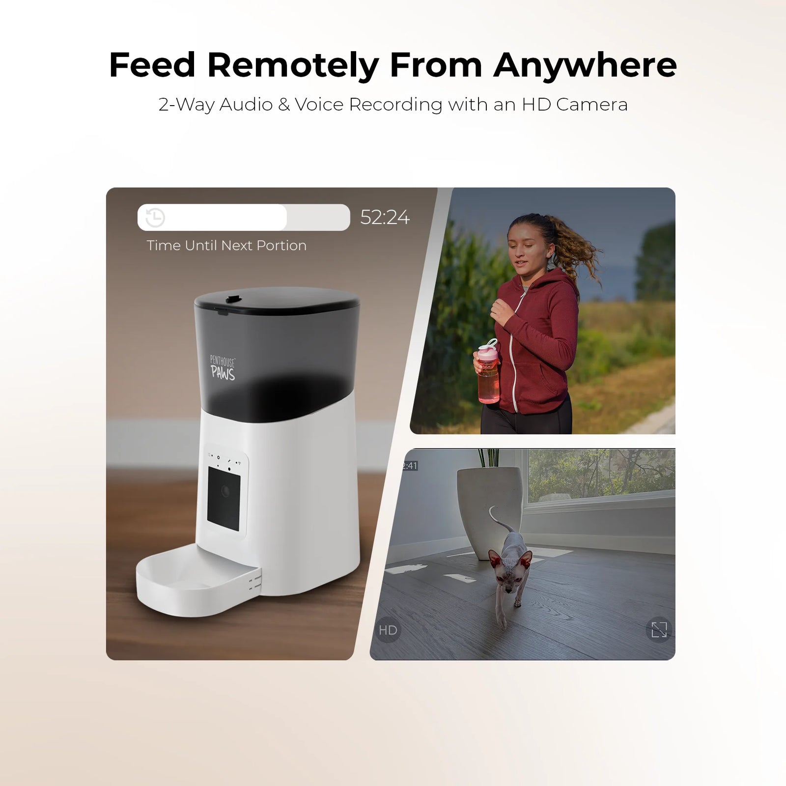 Smart HD Automatic Pet Feeder, 6L Dry Food Capacity, 1080P Camera, 2-Way Audio, Scheduled Meals, Backup Power, Easy to Clean, Anti-Jam Design for Cat and Dog, White