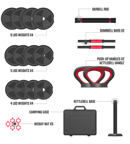 Smartbell Gym, 60 Lbs. 4-In-1 Adjustable Interchangeable Dumbbell, Barbell, and Kettlebell Weight Set, Black